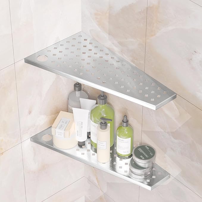 12" Corner Shower Shelf 2-Pcs, Rustproof 304 Stainless Steel Corner Shower Shelves with Razor Holder Slot Design Recessed Bathroom Shower Shelf for Tiled Wall (Brushed Silvery)