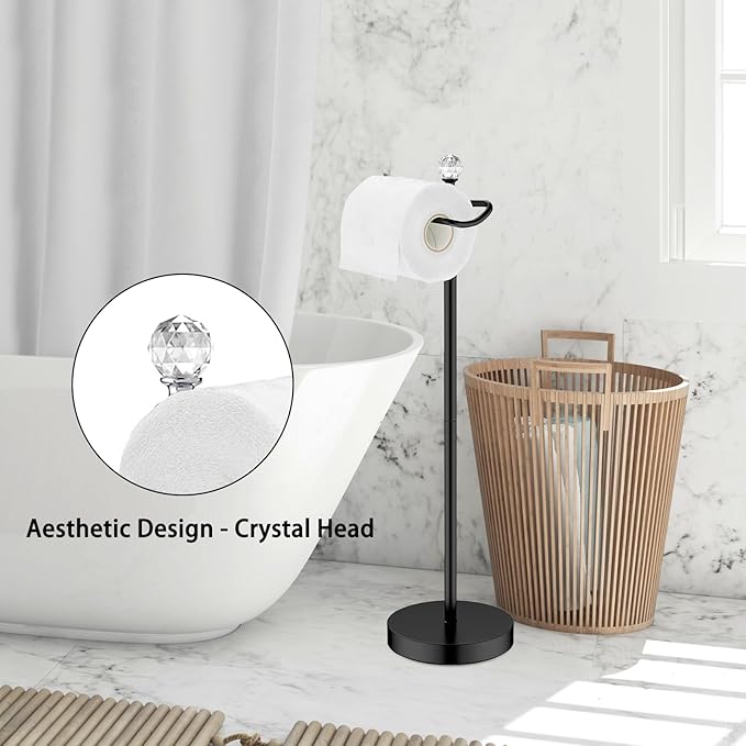 Paper Holder Stand for Floor-Free Standing Toilet Paper Holder Stand for Bathroom Total Height 24.4" with Crystal Ball, Matte Black Finished