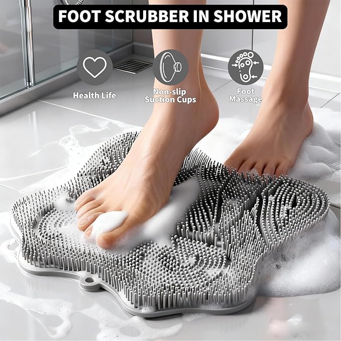 Show Foot Scrubber Mat & Silicone Back Scrubber with Butterfly Form Design,3 Brush Designs for Deep Cleaning Shower Foot Scrubber Mat, Wall Mounted Back Scrubber Silicone Bath(Grey)