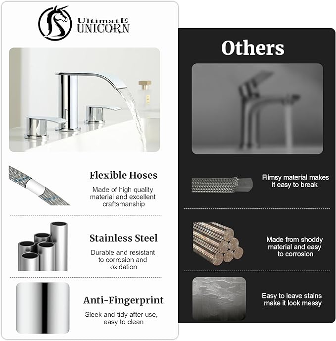 Ultimate Unicorn 8 inch Bathroom Faucet Chrome, Waterfall Bathroom Faucet with Metal Pop-up Sink Drain Stopper and 2 Supply Hoses,2 Handle Widespread Faucets for Vanity Sink 3 Holes