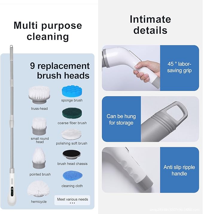 Electric Spin Scrubber, Cordless Cleaning Brush Scrubber for Home, 9 Replaceable Brush Heads 3 Speeds for Bathroom Shower Bathtub Glass Car
