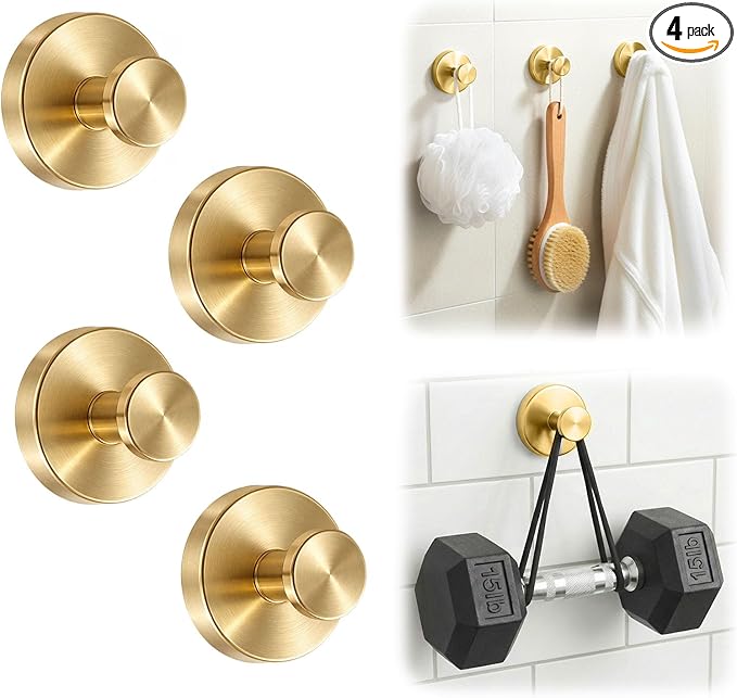 Upgraded Suction Cup Hooks for Shower, Heavy Duty Removable Towel Hooks for Bathroom Glass Door Wall, Stainless Steel Shower Hooks for Towel & Loofah (4 Pack, Gold)