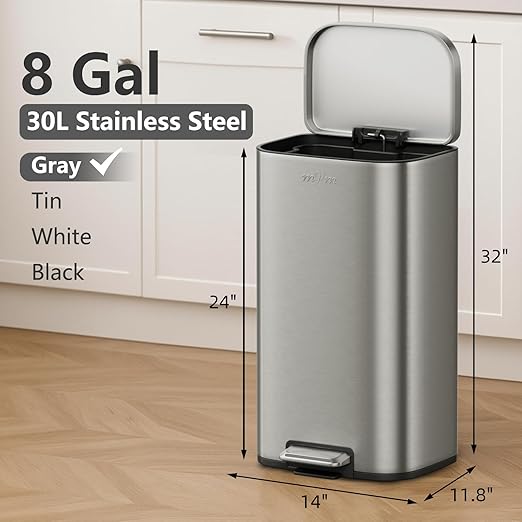 mVm 13 Gal Trash Can Set, 8+5.3 Gal Step Trash Can with Lid, Smooth Edge Garbage Bin for Home Office (Gray)
