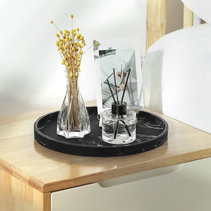 Emibele Vanity Tray, Resin Round Tray Decorative Storage Organizer for Bathroom Toilet Tank Bedroom Kitchen Countertop, Jewelry Storage Dresser Tray for Candle,Lotion Bottle,Cosmetics, Matte Ink Black