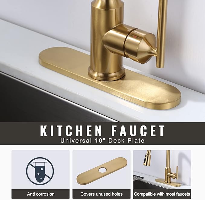 10" Sink Faucet Hole Cover Deck Plate (Arc Edge) for Kitchen & Bathroom Vanity Sink, Faucet Gold Escutcheon Plate Stainless Steel Outside Faucet Cover Cap for 1 or 3 Hole Mixer Tap