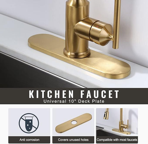10" Sink Faucet Hole Cover Deck Plate (Arc Edge) for Kitchen & Bathroom Vanity Sink, Faucet Gold Escutcheon Plate Stainless Steel Outside Faucet Cover Cap for 1 or 3 Hole Mixer Tap