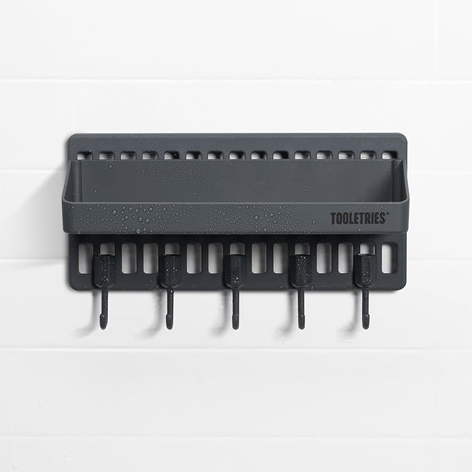 TOOLETRIES The Tool Wall Shower Caddy Bathroom Storage Shelf with Hooks - Wall-Mounted Shower Organiser and Storage with Reusable Adhesive, Store up to 5kg, No Drilling, No Nails, Charcoal