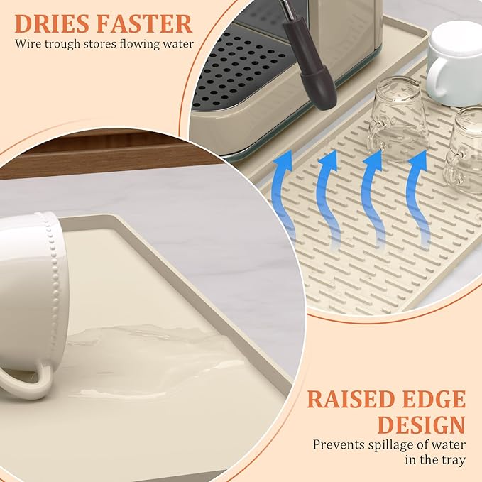 Silicone Coffee Mat - 24" x 16" Removable Bar Mat, Waterproof Leak-Proof Dish Drying Pad, Fits Under Coffee Makers and Espresso Machines to Keep Surfaces Clean, Beige