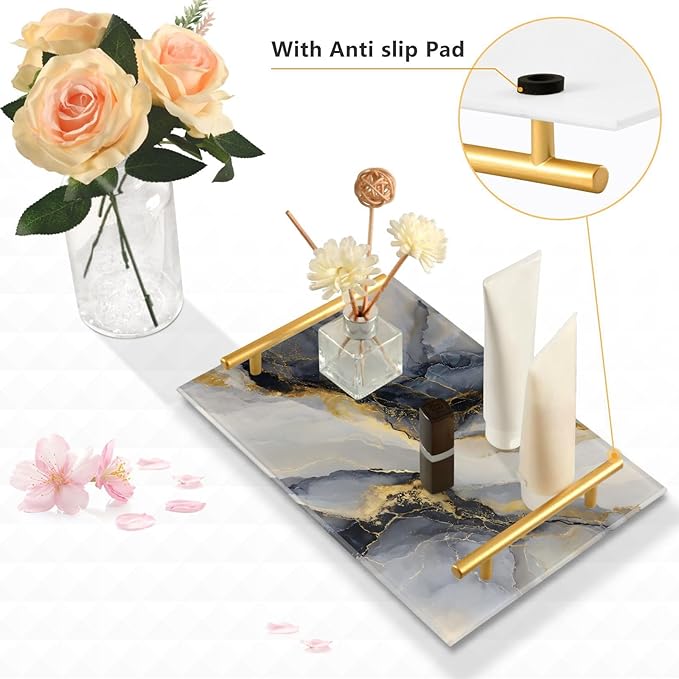 Gold and Black Marble Vanity Tray Acrylic Decorative Serving Tray Coffee Table Tray for Bathroom Living Room Bedroom