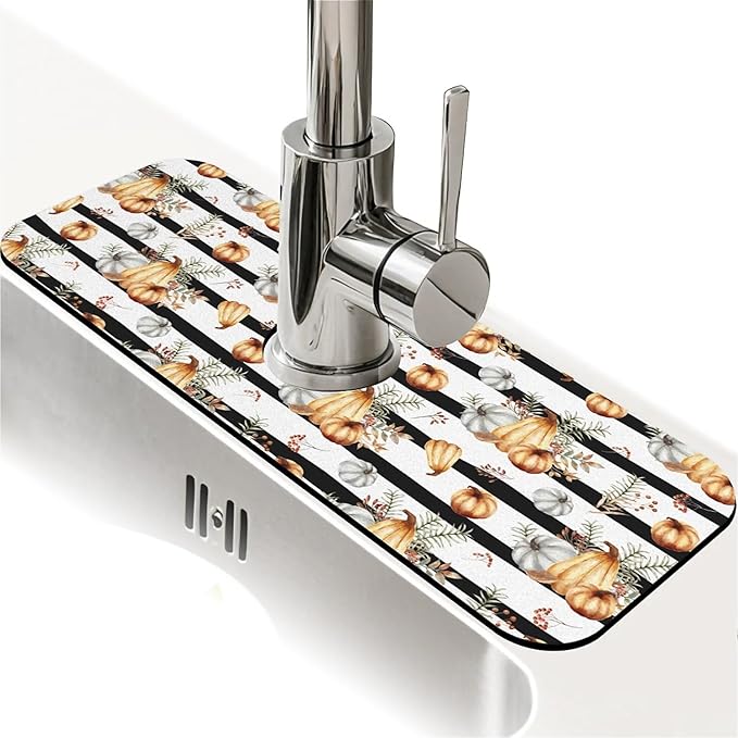 Faucet Draining Mat For Kitchen Sink, Striped Pumpkin Diatom Mud Absorbent Drain Pad For Bathroom Kitchen Sink Splash Guard Drying Mat