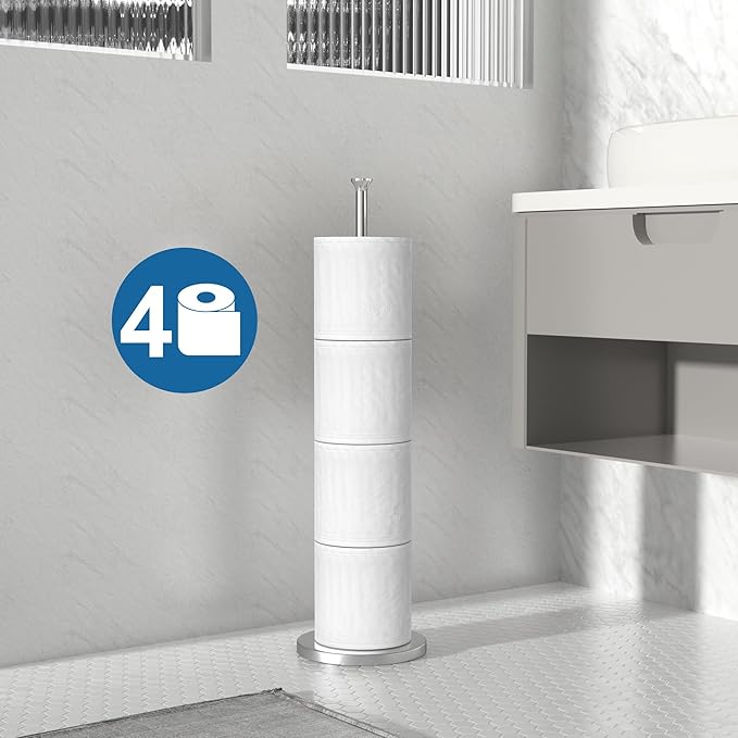 Stainless Steel Toilet Paper Holder Stand – Space-Saving Design for 4-6 Rolls – Modern Freestanding Bathroom Rolls Organizer