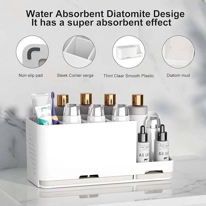 JUMEIHUI Bathroom Countertop Organizer with Water Absorbent Diatomite,8 Slots Bathroom Toothbrush Holder with Adjustable Dividers,Bathroom Sink Organizer Countertop (White)