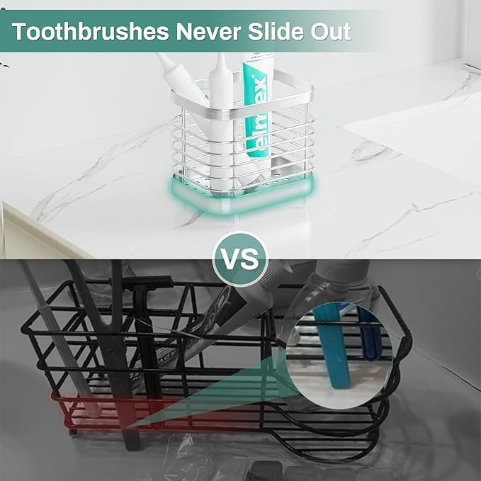 Countertop Toothbrush Holder for Bathroom, Stainless Steel Electric Tooth Brush Stand Storage Organizer with Drainage, Kids Toothpaste Holder Caddy, Silver Bathroom Sink Accessories Decor