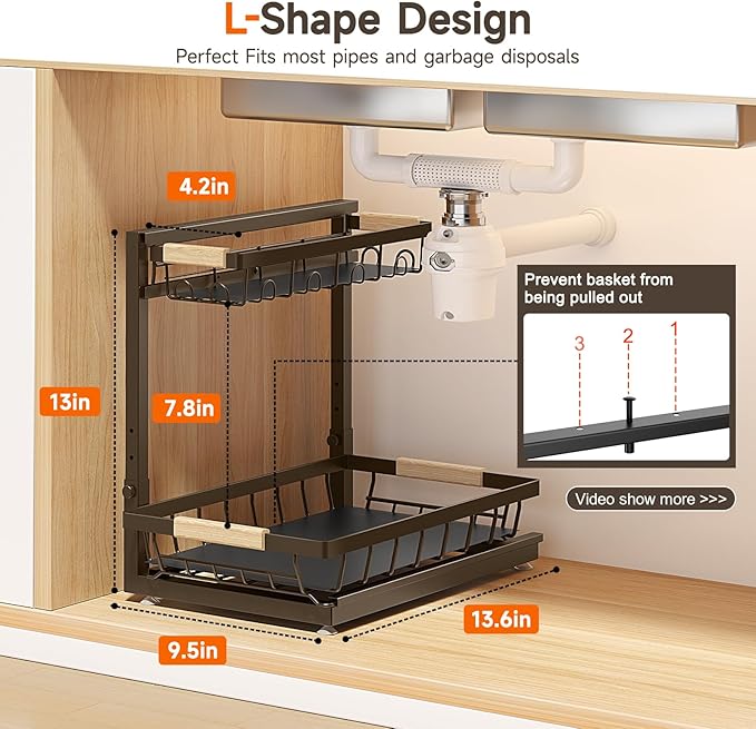2 Packs Under Sink Organizer, Height Adjustable 2 Tier Under Kitchen sink organizer, Multi-Purpose Storage Shelf for Kitchen Bathroom Cabinet (Brown)