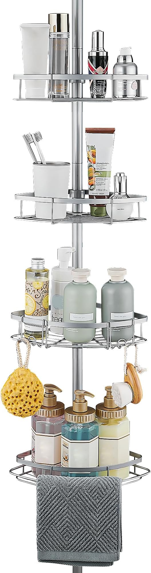 WPT Grey Shower Caddy Corner Organizer for Bathroom, Stainless Steel Tension Pole Corner Shelf Shower Caddy Stand for Bathtub Shampoo Storage, 4 Tier Adjustable Shelves, 28.7 to 104.7 Inches