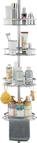 WPT Grey Shower Caddy Corner Organizer for Bathroom, Stainless Steel Tension Pole Corner Shelf Shower Caddy Stand for Bathtub Shampoo Storage, 4 Tier Adjustable Shelves, 28.7 to 104.7 Inches