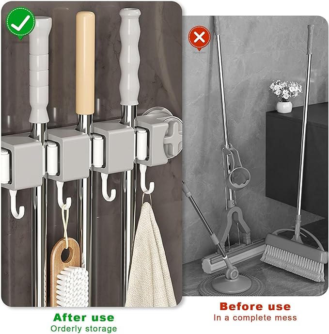 Removable No-Drill Mop Holder & Broom Holder Wall Mount Suction Cup Broom Hanger with 4 Slots & 5 Hooks for Laundry Room Organization Kitchen Garage – Mop and Broom Holder Wall Hanging Tool Organizer