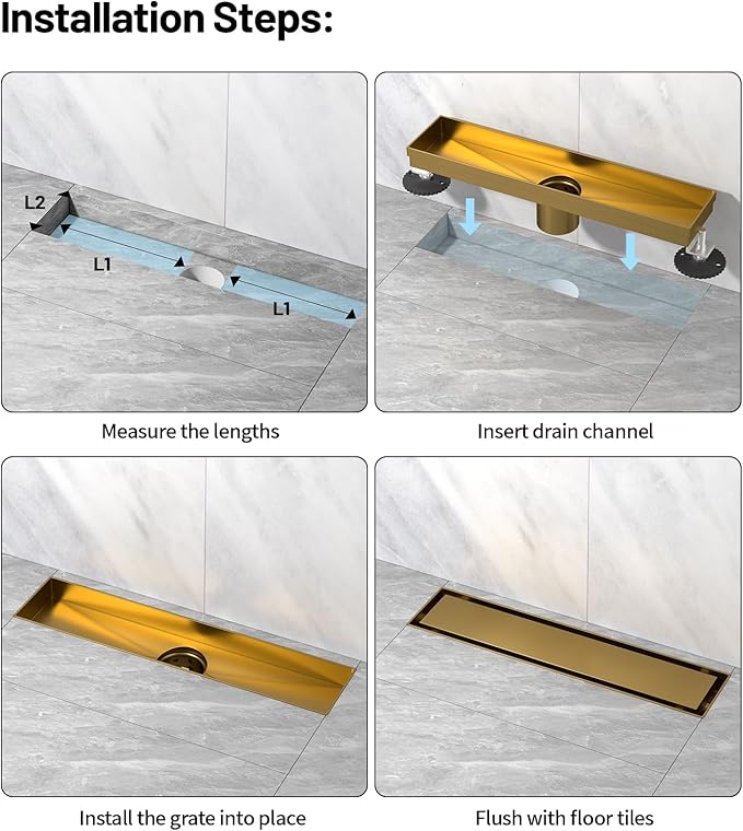 Linear Shower Drain, 304 Stainless Steel with Adjustable Leveling Feet, Hair Strainer,Reversely Install Place to Create an Invisible Floor Drain - Gold -54-Inch