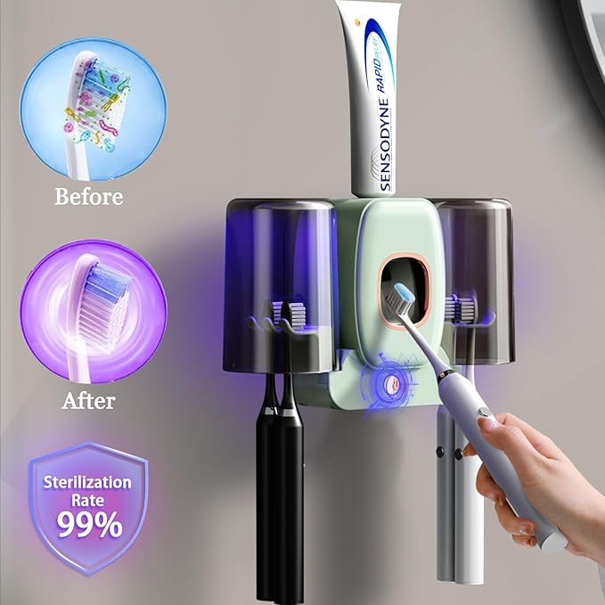 Toothbrush Holders for Bathrooms,Rechargeable Cordless Wall Mounted Tooth Brushing Holder,Electric Toothbrush Holder with 2 Cups,4 Toothbrush Slots,Toothpaste Dispenser (Green)