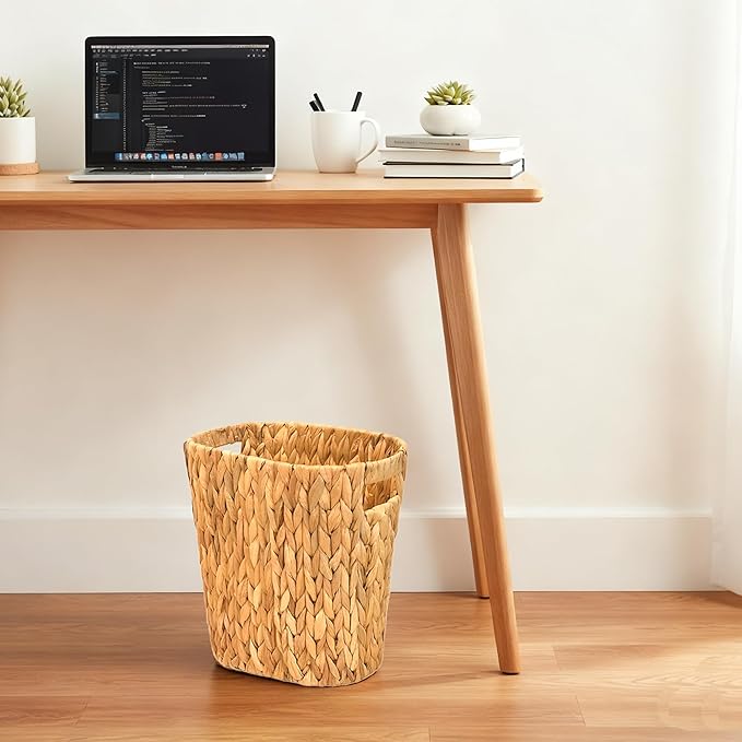 PINXIURY Water Hyacinth Tissue Box Cover, Natural Handmade Wicker Napkin Box Holder and Bathroom Wicker Trash Can, Handwoven Wicker Waste Basket with Handles for Bedroom, Kitchen, Office and Bathroom