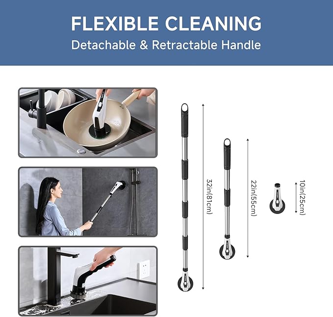 Electric Rotary Cleaner, Adjustable Long Handle Electric Cleaning Brush, 8 Replaceable Brush Heads, 2 Speeds, Handheld Electric Multifunctional Cleaning Brush (Black&White)