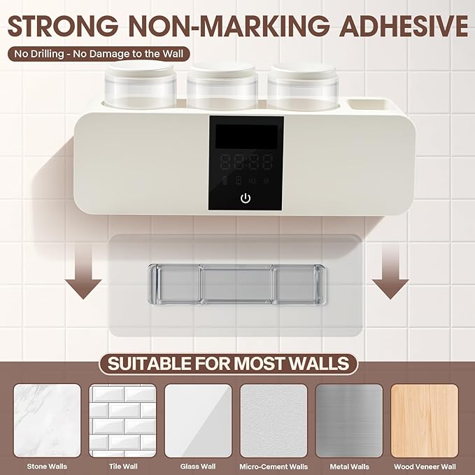 Smart 6-Slot Toothbrush Holder with Hygiene System, LED Display & 3 Cups – Wall-Mounted & Rechargeable, White