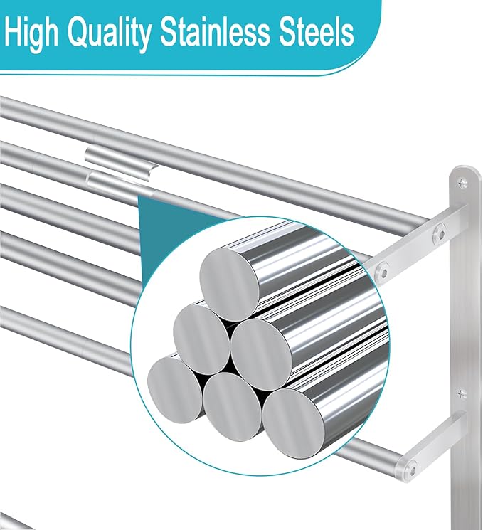 Towel Racks for Bathroom, 24 in Towel Shelf with Double Towel Bar, Stainless Steel Towel Storage for Lavatory Wall Mounted, 3-Tier Towel Hanger Towel Holder, Brushed Nickel