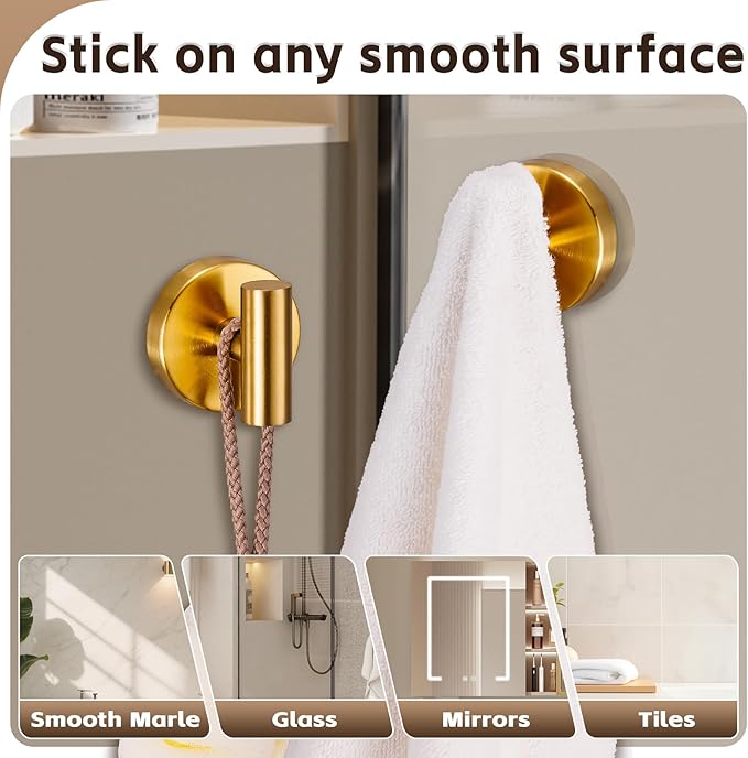 Reusable Heavy Duty Suction Cup Hooks for Kitchen/Bathroom/Shower - Wet-Proof Hooks for Towels, Robes, Loofah&Wreaths/No Drill Mounting on Glass, Tile, (2, Brushed Gold)
