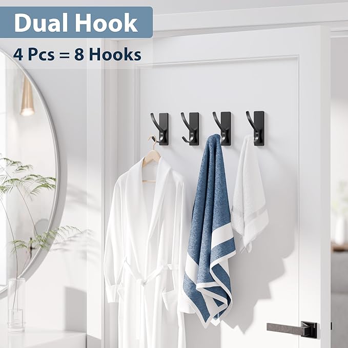 Self Adhesive Towel Hooks: Extra Strong 13LB, Stainless Hook for Hanging Loofah, Towels, Coat, Bath Robe Bathroom Shower, Black, 4 Pack