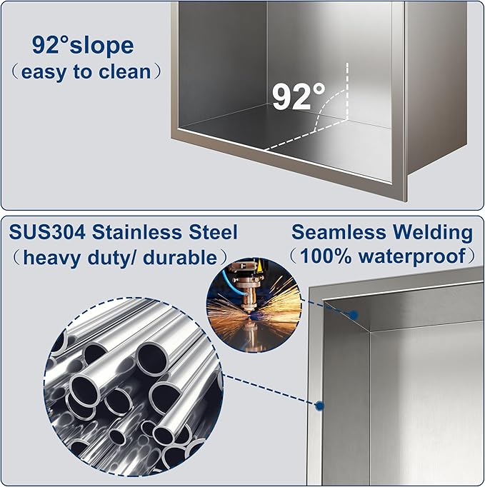 Neodrain Shower Niche Double Shelf Stainless Steel No Tile Needed Bathroom Niches Recessed in Wall, 2-Tier Recessed Wall Niche Waterproof Cubby(8X24 Inch,Brushed)