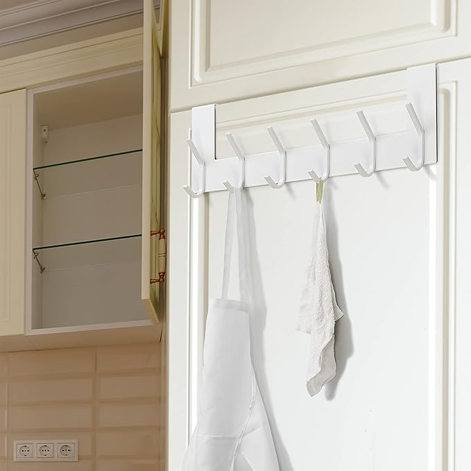 Dseap Over The Door Hook Hanger - 6 Hooks Over Door Coat Rack for Hanging Clothes Hat Towel, White