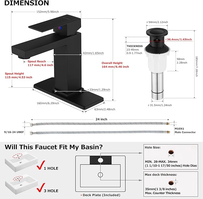 Brass Single-Handle Bathroom Sink Faucet with Escutcheon, Pop Up Drain Stopper & Water Supply Hoses, Matte Black, 14253