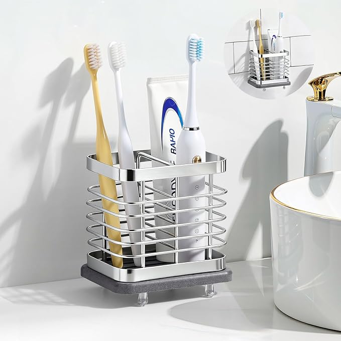 Shinowa Toothbrush Holder Wall Mounted for Bathroom, Stainless Steel Electric Toothbrush Toothpaste Holder with Fast Dry Tray, 2 Slots Adhesive and Countertop Bathroom Accessories Organizer, Silver