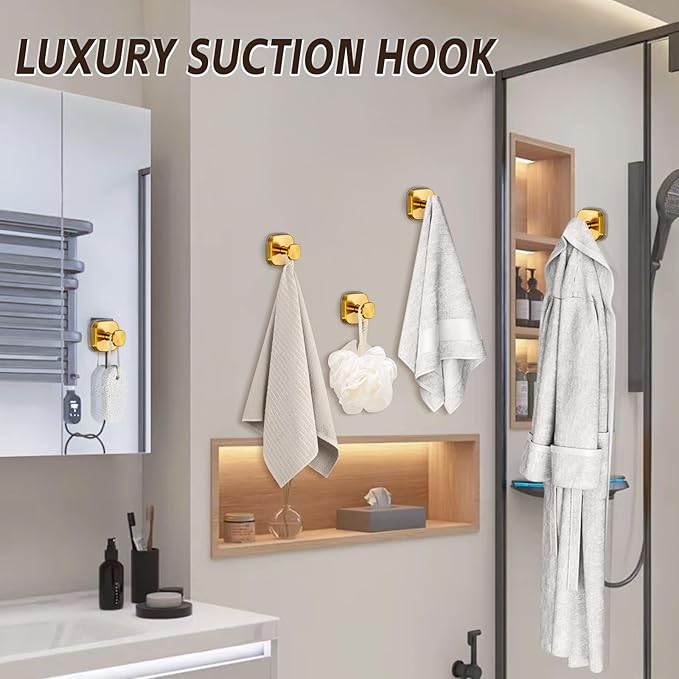 Heavy Duty Reusable Suction Cup Hooks for Kitchen/Bathroom/Shower - Wet-Proof Hooks for Towels, Robes, Loofah&Wreaths/No Drill Mounting on Glass, Tile, Metal (2, Brushed Gold)