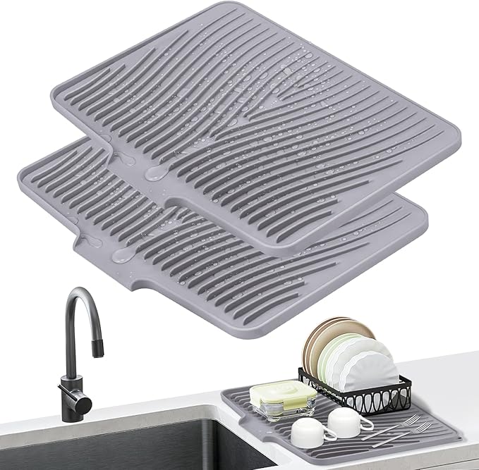 Dish Drying Mat, Stone Drying Mat for Kitchen Counter with Built-in Drain, Non-Slip Drying Matt Kitchen Counter, Heat Resistant Silicone Drying Mat, Dish Drying Pad, 2 Pcs(Grey 20" x 15")