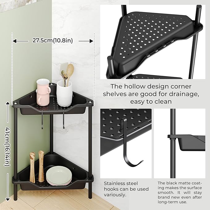 ODesign 2 Tier Floor Standing Corner Shower Caddy Organizer Plastic Metal Splicing Shelf Storage Rack for Bathroom Black - Rustproof