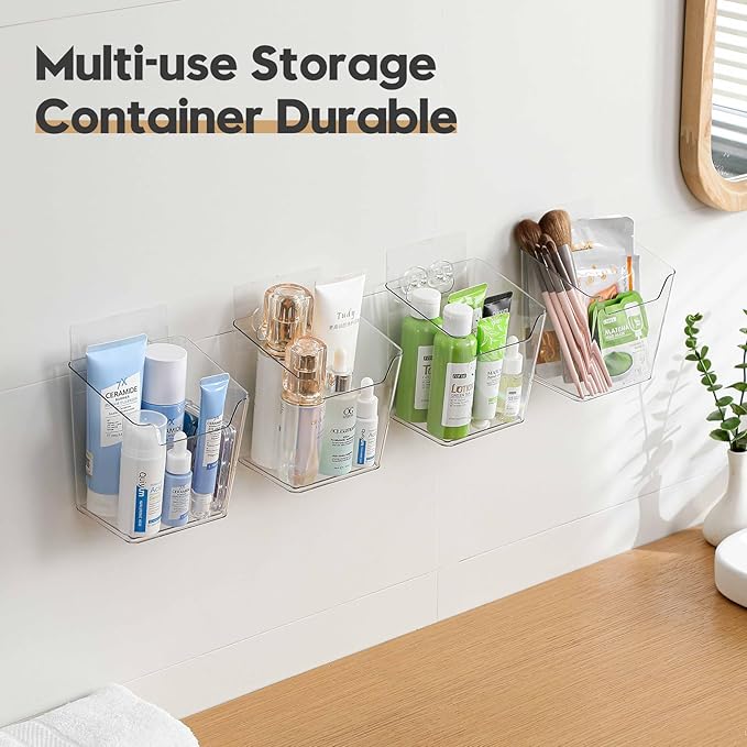 2-Pack Adhesive Cabinet Door Organizer, Hanging Storage Bins, Stick on Small Wall Basket, Bathroom Makeup Organizer, Inside Under Cabinet Storage Container for Kitchen, Pantry Organizer, Office, Dorm