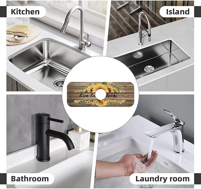 Sunflower On Board Rustic Yellow Summer Fall Live Laugh Love Kitchen Sink Splash Guard Faucet Mat 1 Pcs, Absorbent Fast Drying Mat Gadgets Splash Guard For Bathroom 15 X 5.5 Inches