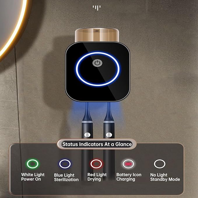 Toothbrush Holders for Bathroom, LED Toothbrush Cleaner Smart Home Bathroom Accessory Wall Mounted with Timer Function (Black)
