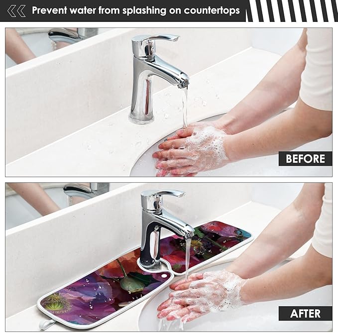 Sink Faucet Absorbing Mat Kitchen Sink Splash Guard Splash Faucet Drip Catcher for Bar RV Bathroom 2PCS 30x5.5in Pink Purple Poppy
