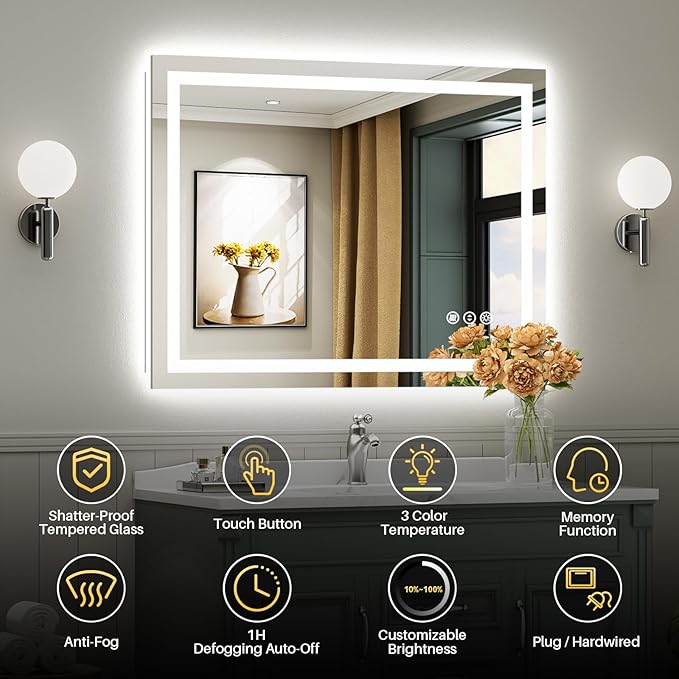 44"x30" LED Bathroom Mirror with Lights, Backlit & Front Lit, Lighted Wall Mirrors for Bathroom Vanity, Touch Screen Dimmable, Anti-Fog, Memory Function, HD Tempered Glass, Shatter-Proof, ETL Listed