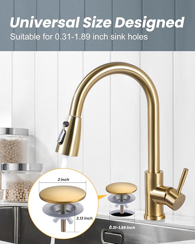Kitchen Sink Hole Cover, 2 PCS Faucet Plate Stopper, Countertop Cap, Tap Blanking Metal Plug, Brushed Gold
