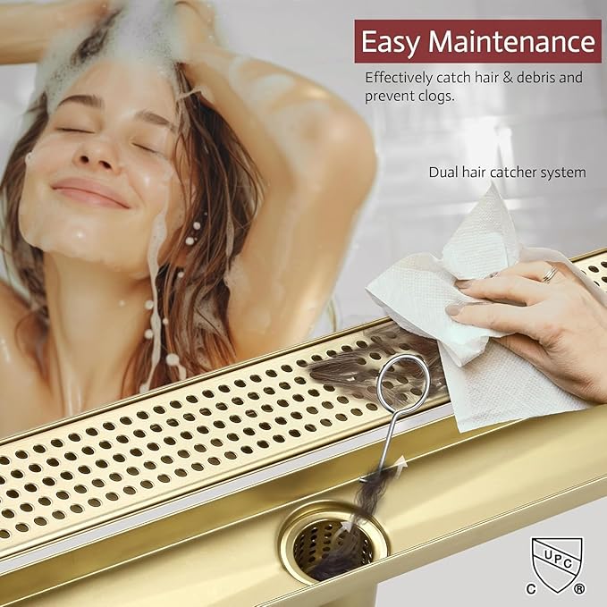 12 Inch Linear Shower Drain, Brushed Gold Shower Drain,Removable Grate, 304 Stainless Steel, Easy to Install and Clean for Bathrooms (Drain Base Not Included), LSD-04A-12G