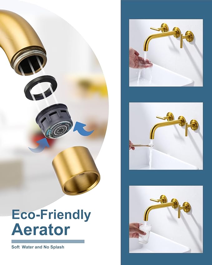 WOWOW Wall Mount Bathroom Faucet Gold Wall Faucet High Flow Two Handles Stainless Steels,Long Spout Reach,Widespread Bathroom Sink with Rough-in Valve 3 Holes Elegant Classic Spout