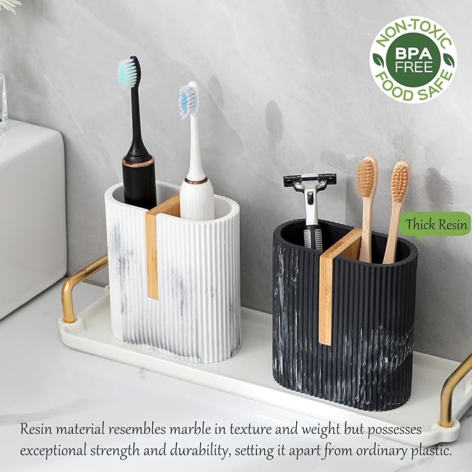 rejomiik Toothbrush Holders Electric Toothbrush Holder for Bathrooms, Bamboo Tooth Brushing and Toothpaste Storage Organizer for Sink, Countertop, Marble White