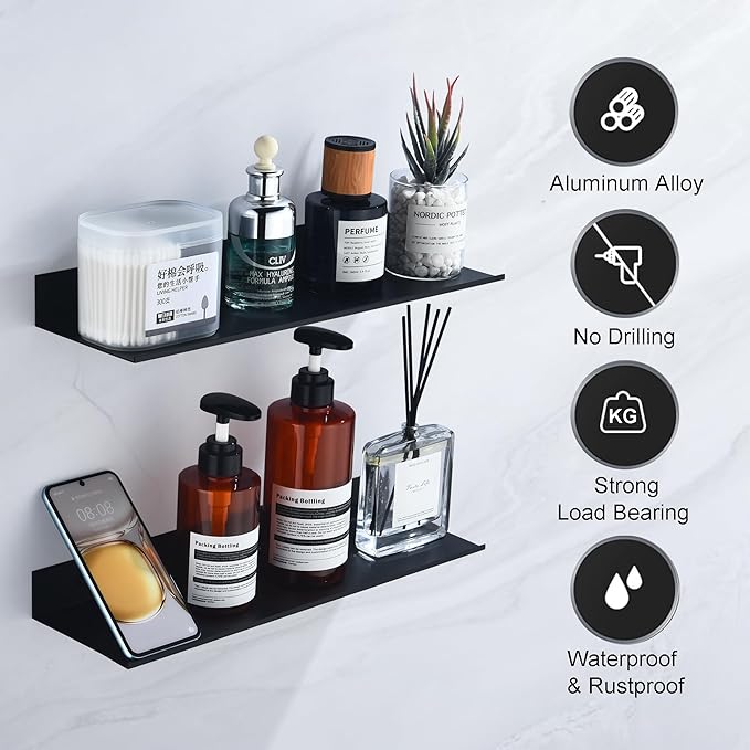 Black Shower Shelves Rustproof & Waterproof, 40cm Adhesive Shower Caddy 2 Pack, Metal Bathroom Floating Shelves No Drilling Bathroom Wall Storage Organizer