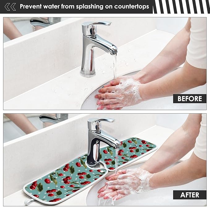 2 PCS Kitchen Sink Splash Guard 23.6 Inch Faucet Mat for Kitchen Sink Bathroom Sink Faucet Absorbing Drip Drain Mat Pad Microfiber Soft Washable Green Blue Cherry and Polka Dots