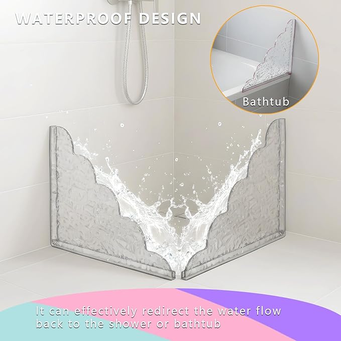 2 Pack Shower Splash Guard, Adhesive Bathtub and Sink Corner Water Guards, Clear Water Barrier with Cloud Sponge for Bathroom, Tub, Shower Stall