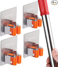 Stainless Steel Self Adhesive Broom Holder Wall Mount - Heavy Duty Mop and Broom Hooks Organizer, No Drill Magnetic Broom Hanger for Kitchen, Bathroom, Garage-Orange (4 Pack)