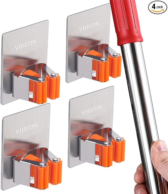 Stainless Steel Self Adhesive Broom Holder Wall Mount - Heavy Duty Mop and Broom Hooks Organizer, No Drill Magnetic Broom Hanger for Kitchen, Bathroom, Garage-Orange (4 Pack)